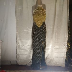 Vintage Gorgeous Gold Beaded Black Hi Slit Silk Body Contouring Halter Dress